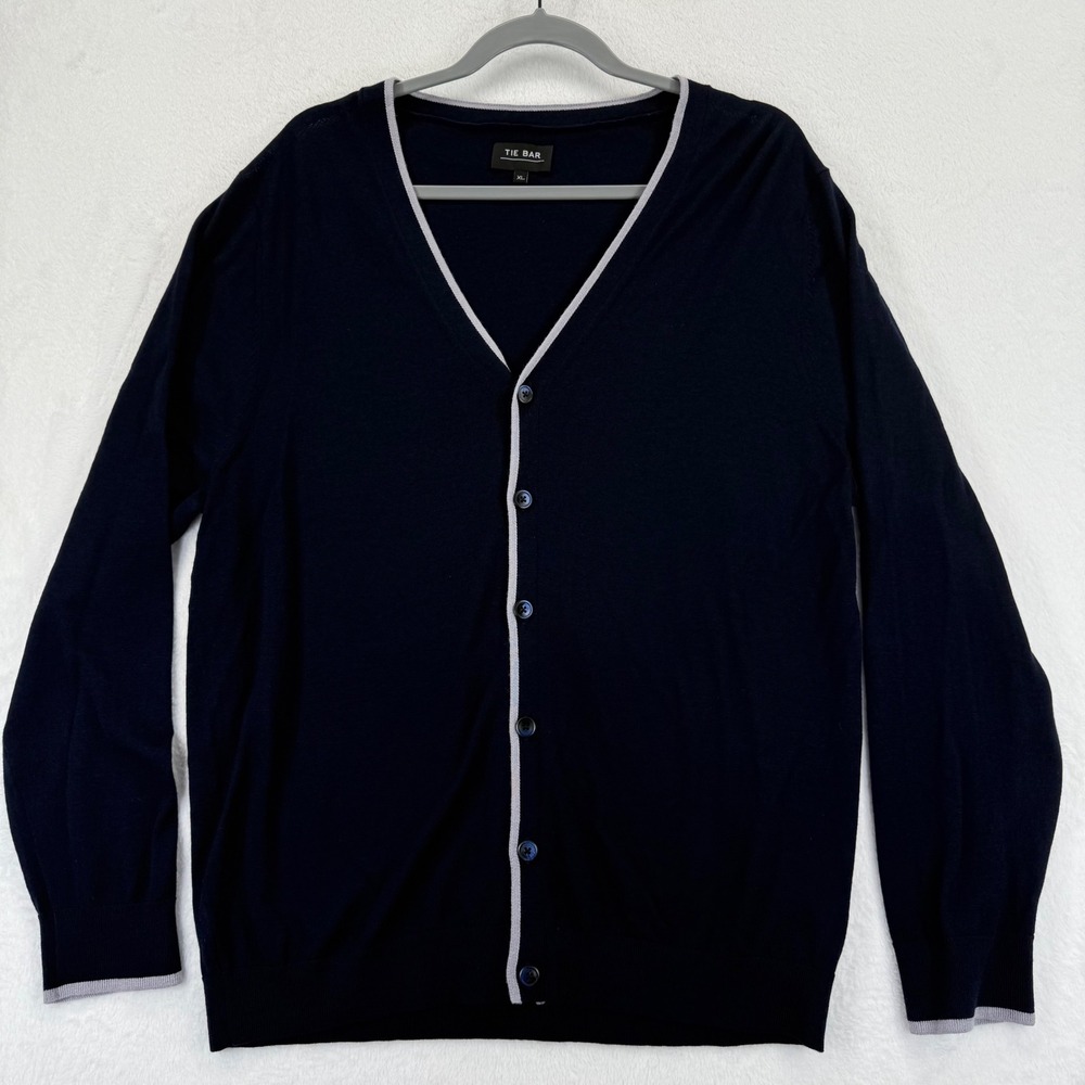 Tie Bar Men's Navy Blue thin soft Wool Cardigan Sweater XL Extra Large Gray Trim